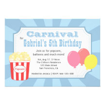 Kids Birthday - Carnival with Popcorn & Balloons Custom Invitations