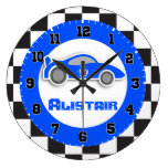 Kids car blue chequered flag name wall clock
