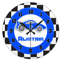 Kids car blue chequered flag name wall clock