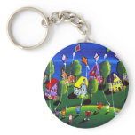 Kids Flying Kites Folk Art Keychain