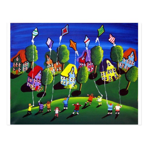 Kids Flying Kites Folk Art Post Cards