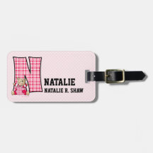 Kid's Pink Gingham Monogram "N" Luggage Tags