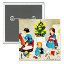 Kids playing with toys and christmas tree pinback buttons