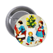 Kids playing with toys and christmas tree pinback button