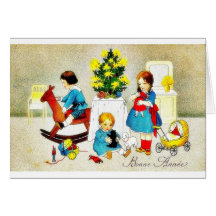 Kids playing with toys and christmas tree cards