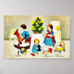 Kids playing with toys and christmas tree print
