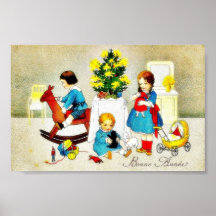 Kids playing with toys and christmas tree print