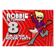 Kids rockstar boy 8th birthday red grey invitation