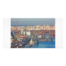 Kiev bussines and industry city landscape on river photo card template