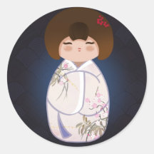 Kimono rose et blanc de poupée japonaise - de Saku Adhésif