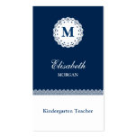 Kindergarten Teacher Blue White Lace Monogram Business Card Template