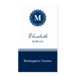 Kindergarten Teacher Elegant Blue Lace Monogram Business Card Templates