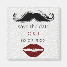 kiss and mustache zebra stripes save the date refrigerator magnet