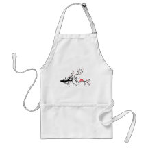 Kissing bird on tree branch with red heart leaves aprons
