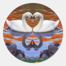 Kissing Swans in Love, Heart Shape Necks Round Stickers