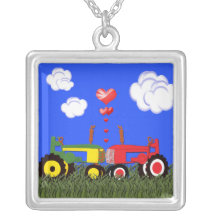 Kissing Tractors and Hearts Necklace