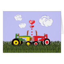 Kissing Tractors under Hearts Greeting Card