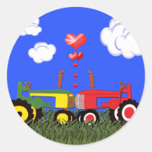 Kissing Tractors under Hearts Round Sticker