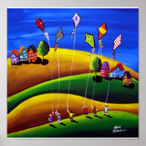 Kite Fliers Folk Art Whimsical Canvas Print