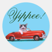 Kitten in a Red Convertible Round Stickers