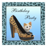 Kitten & Leopard Shoe Blue Fur Texture Birthday Custom Invite