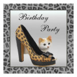 Kitten & Leopard Shoe Silver Fur Texture Birthday Invite