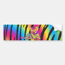 Kitten on rainbow tiger striped background bumper stickers