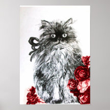 KITTEN WITH ROSES ,Black Red and White Print