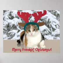 Kitty Cat & Antlers Merry Freakin Christmas Print