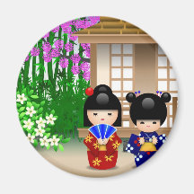 Kokeshi Dolls and Teahouse Refrigerator Magnet
