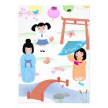 Kokeshi Style Girls Cards Invitations 4.5"x6.25"