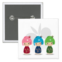 Kokeshi Triplets wButterfly BKGD Pins
