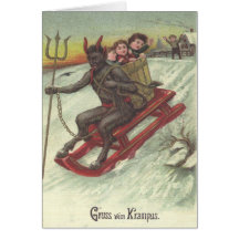 Krampus Kidnapping Kids On Sleigh Cards