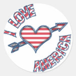 KRW I Love America Heart Stars and Stripes Round Stickers