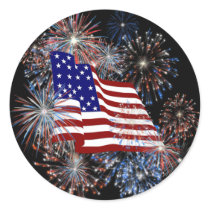 KRW Patriotic American Flag and Fireworks Round Stickers