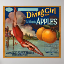 KRW Vintage Diving Girl Apple Fruit Crate Label Print