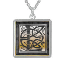 L Initial Monogram "Celtic Black Stone" Necklaces