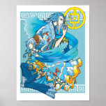 La mer bleue du blanc ondule l'affiche