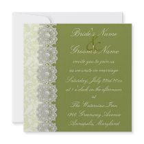Lace and Pearls Moss Green Wedding Invitation