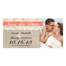 Lace & Burlap Vintage Save the Date - Coral Photo Greeting Card