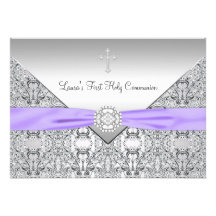 Lace Cross Girls Purple First Communion Invitations