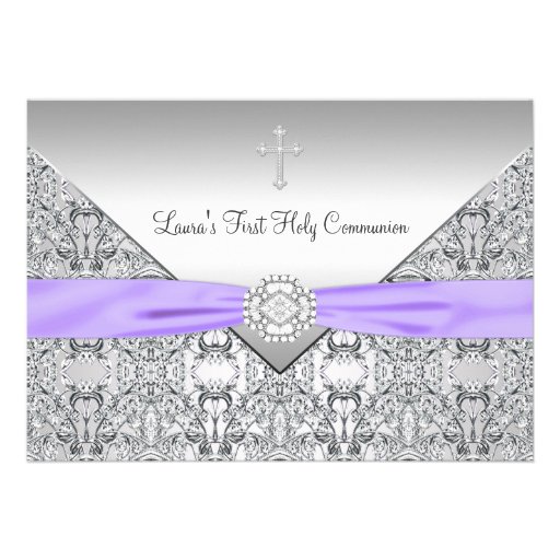 Lace Cross Girls Purple First Communion Invitations
