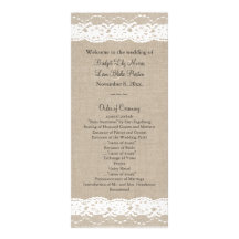 Lace in White on Burlap Wedding Program Custom Rack Card