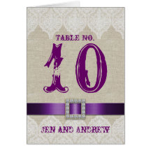 Lace Vintage Wedding Table Number Purple Linen Greeting Cards