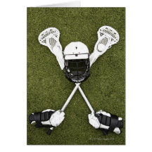 Lacrosse sticks, gloves, balls and sports helmet cards