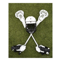 Lacrosse sticks, gloves, balls and sports helmet posters
