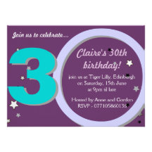Ladies Teal / Purple Thirtieth 30th Birthday Party Invites