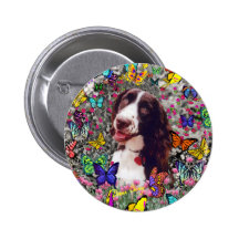 Lady in Butterflies Button - Brittany Spaniel