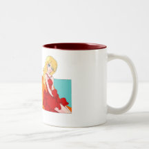 Lady in red mugs