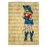 Lady Pirate Tattoo on Grungy Gold Stripe Greeting Cards